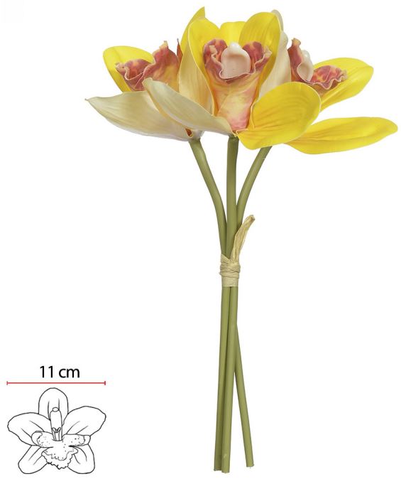 Buque Orquidea Cymbidium Ramalhete C/ Fita Real Toque X3 Amarelo 23cm