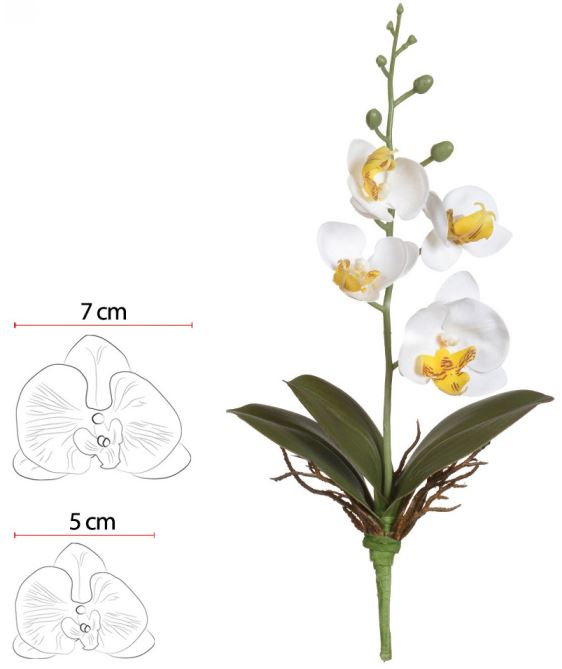Haste Orquidea Phalaenopsis Real Toque C/Folha X4 Branco Amarelo 29cm