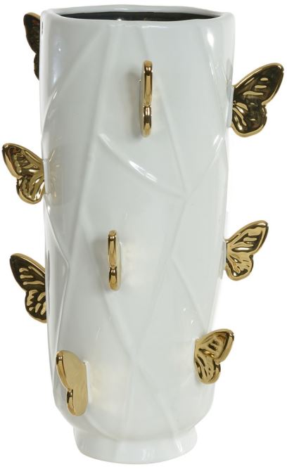 Vaso Decorativo Ceramica Borboleta Branco Dourado 40cm