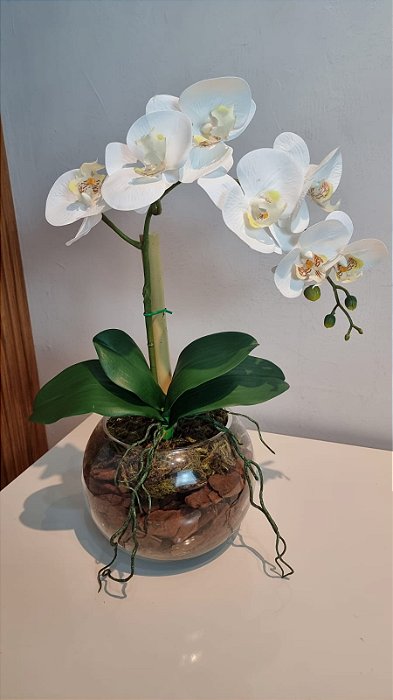Arranjo Aquário Com Orquidea Branca 40cm mod. 0406