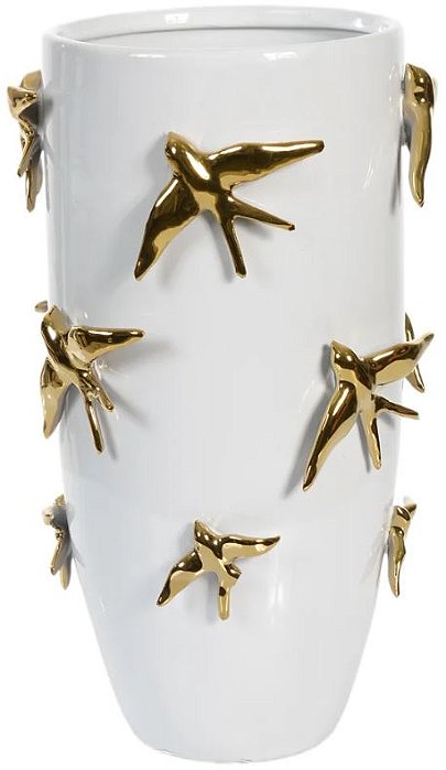 Vaso Decorativo Ceramica Passaros Branco Dourado 37cm