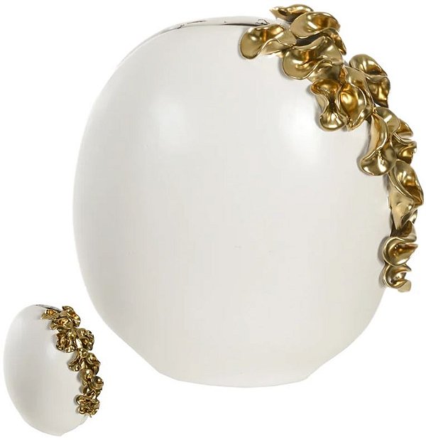 Vaso Decorativo Ceramica Com Aplicacao folhas Branco Dourado 12cm