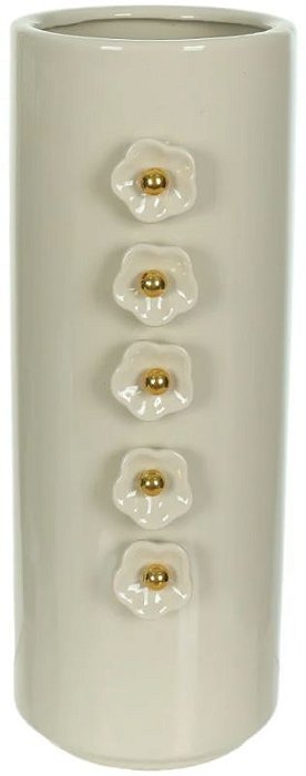 Vaso Decorativo Ceramica Flores Off White Dourado 28cm