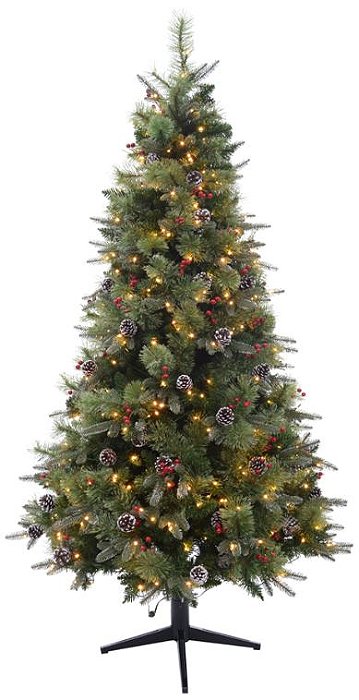 Planta Artificial Arvore Natal C/Berry E Pinha 1360 Tips 400 Leds C/Base Giratoria Verde 2.1m