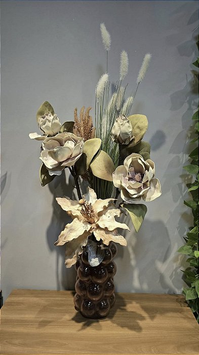 Arranjo Artificial Com Rosas em EVA para Aparador Vaso Transparente Rosa