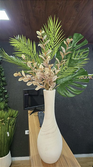 Arranjo Longo Folhagem Verde e Vaso Off White Madeira 95cm