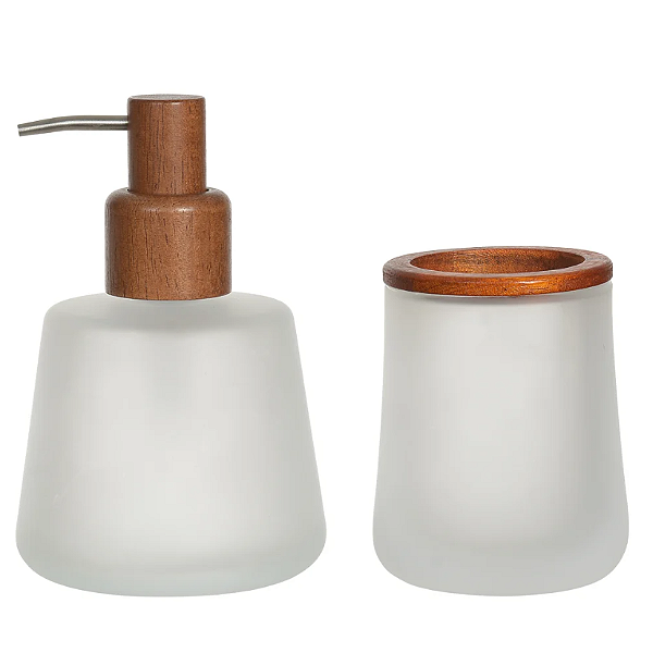 Kit Para Banheiro Vidro 350ml C/2 Peças Madeira Acacia (transparente fosco)