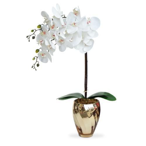 Arranjo de Orquídeas brancas de Silicone em Vaso Vidro Ondas Dourado
