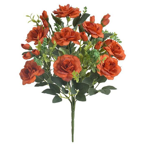 Buquê Flor Artificial Rosa Laranja Outono 37cm