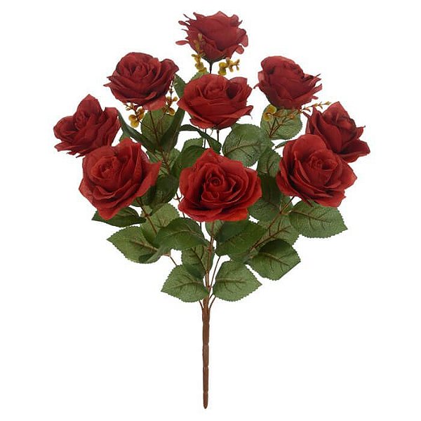 Buquê Flor Artificial Rosa Vermelho Marsala 55cm