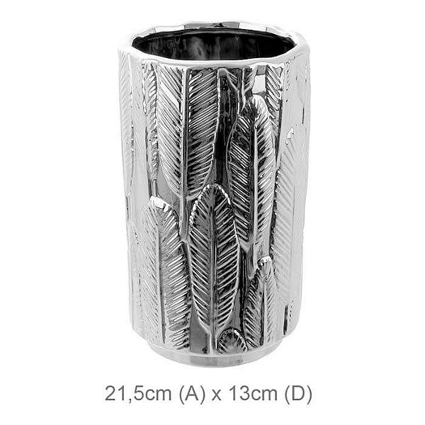 Vaso Cerâmica Decorado Folha Prata 21,5x13cm