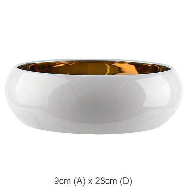 Vaso Cerâmica Bacia Branco Dourado 9x28cm