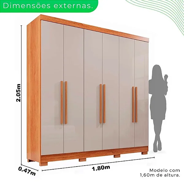 Guarda-roupa Casal 1.80 X 2.04 X 0.47 Com Pé 6 Portas 2 Gavetas Recife Sallêto Cinamomo Com Off White