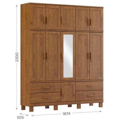 GUARDA ROUPA TRIPARTIDO 11 PORTAS 4 GAVETAS COM ESPELHO S/APLIQUE COBRE COR CASTANHO A. 2300 | L. 1874 | P. 505 cm