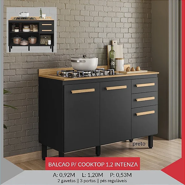 BALCÃO 1200 X 925 X 530 COOKTOP INTENZA - BCO/BCO UV C/ TPO - PRETO / BRANCO / FREIJO OFF WHITE