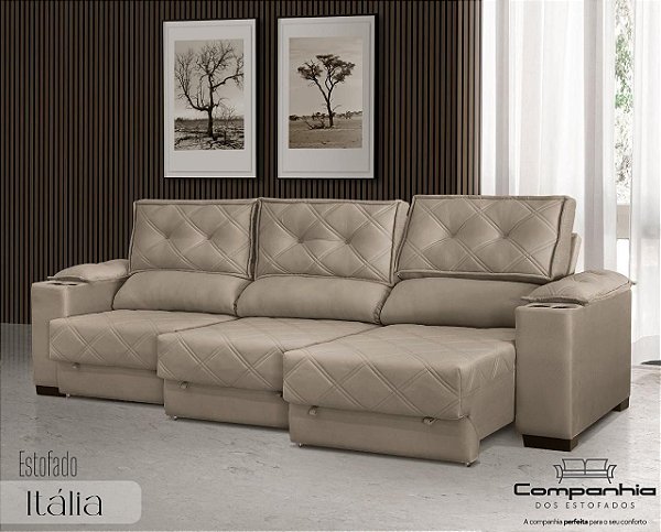SOFÁ ITÁLIA 3 ASSENTOS C/ 4 PORTA COPOS 3.10 M - CAPUCCINO / VELUDO