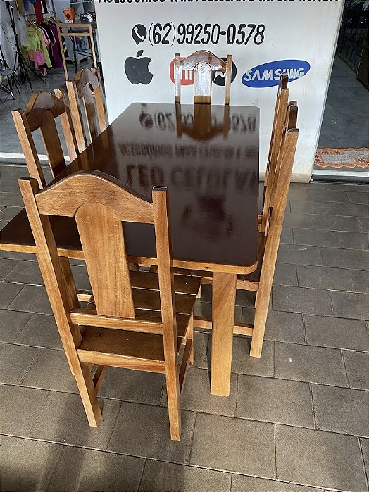 MESA DE MADEIRA RÚSTICA TAMPO EM SARRAFIADO 6 CADEIRAS 1,60 X 0,80