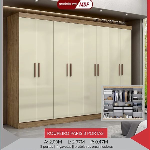 GUARDA ROUPA PARIS 8P BRANCO 100% MDF