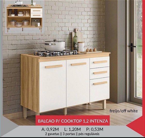 BALCÃO 1200 X 850 X 515 INTENZA - FREIJO/OFF WHITE CRISTAL C/ TPO FREIJO
