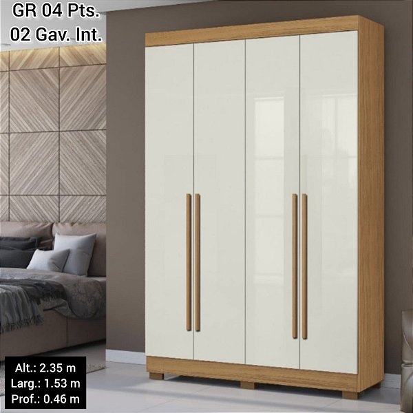 GUARDA ROUPA  04 PTS 02 GAV INTERNAS C/ PES - CINAMOMO / OFF WHITE