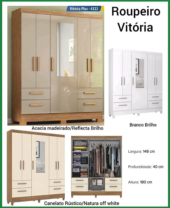 GUARDA ROUPA VITÓRIA A 1.80 X L 1.48 X P 0.40 - ACÁCIA MADEIRADO / REFLECTA BRILHO