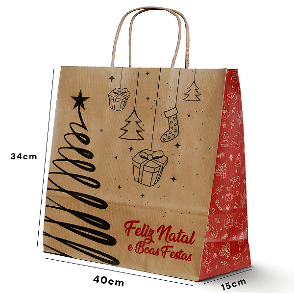 Sacola Papel G 40x34x15cm 1 unidade Feliz Natal Boas Festas Kraft Embalagem Presente Bolsa Ecológica Alça Torcida