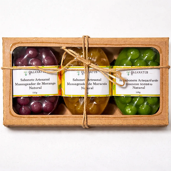 Kit 3 Sabonete em Barra Massageador Maracujá Morango Maçã Verde Natural Gaianatus