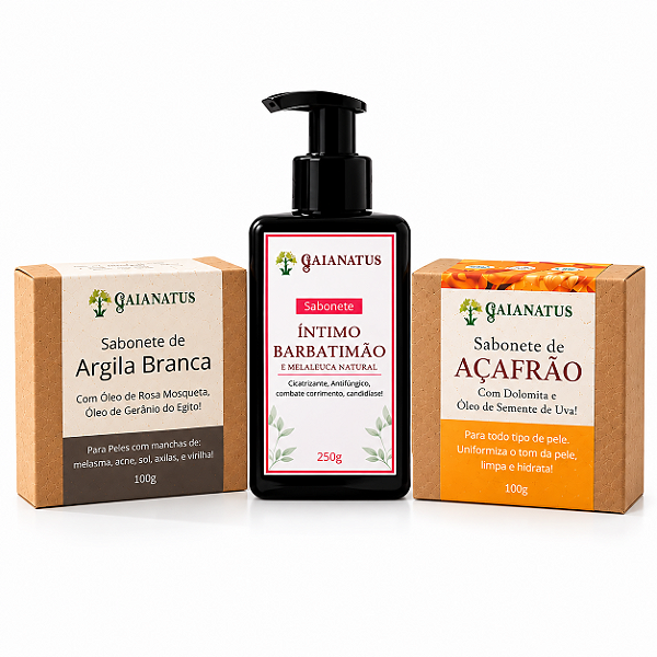 Kit Cuidado Íntimo e Pele Uniforme – Barbatimão, Melaleuca, Argila Branca, Rosa Mosqueta, Açafrão e Dolomita