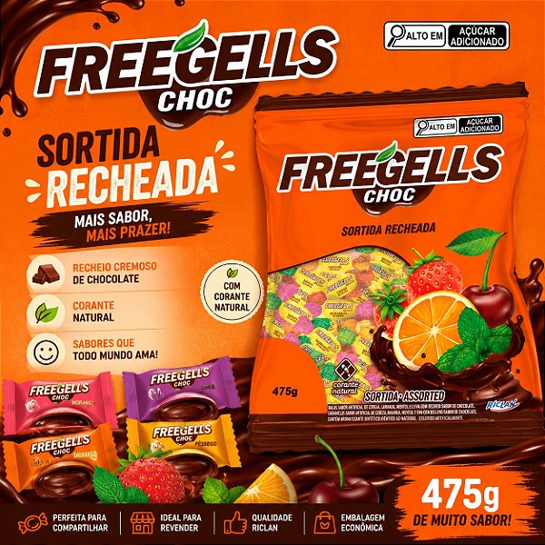 BALA FREEGELLS SORTIDA RECHEIO SABOR CHOCOLATE 36X475G