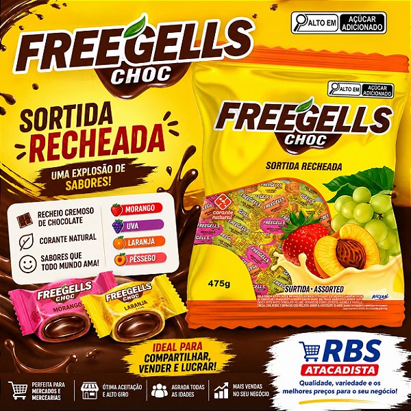 BALA FREEGELLS SORTIDA RECHEIO SABOR CHOCOLATE BRANCO 36X475G