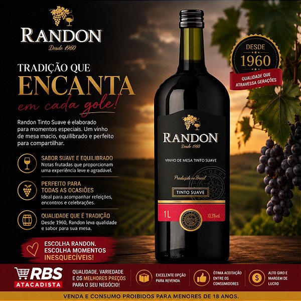 VINHO TINTO SUAVE 12X1000ML - RANDON VIDRO