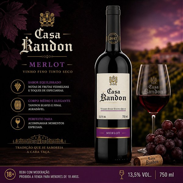 VINHO TINTO SECO FINO MERLOT 06X750ML - CASA RANDON VIDRO