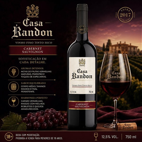 VINHO TINTO SECO FINO CABERNET SAUVIGNON 06X750ML - CASA RANDON VIDRO