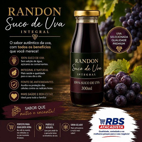 SUCO DE UVA INTEGRAL 12X300ML - RANDON VIDRO