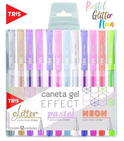 Caneta Gel Tris Effect Pastel + Glitter + Neon Com 12 Cores