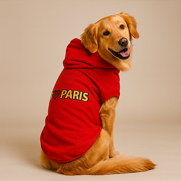 Blusão para Cachorro Moletom com Capuz Vermelho Paris Tamanho Especial Gaby Moda Pet