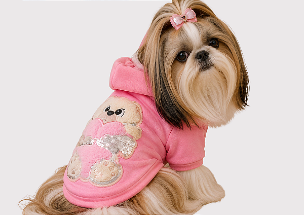 Blusão para Cachorro Moletom com Capuz Rosa Ursinha Tamanho Especial Gaby Moda Pet