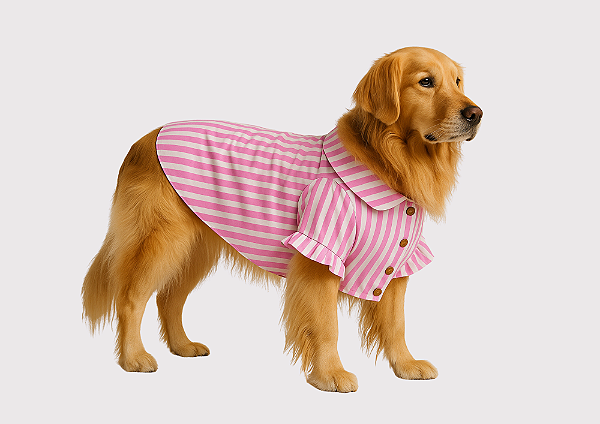 Camisa Pet Alfaiataria Listras Rosa Premium Gaby Moda Pet Golden Retrivier