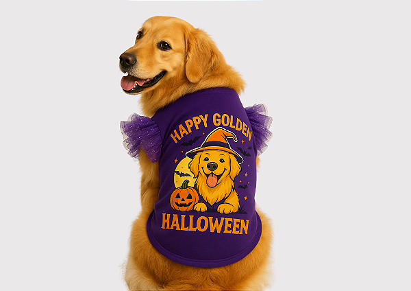 CAMISETA PET FANTASIA HALLOWEN GOLDEN RETRIVIER BABADINHO ROXA GOLDEN RETRIVIER