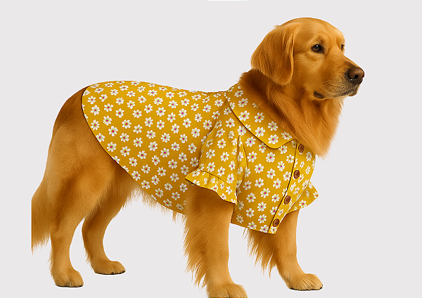 Camisa Pet Alfaiataria Estampa Margarida Premium Gaby Moda Pet Golden Retrivier