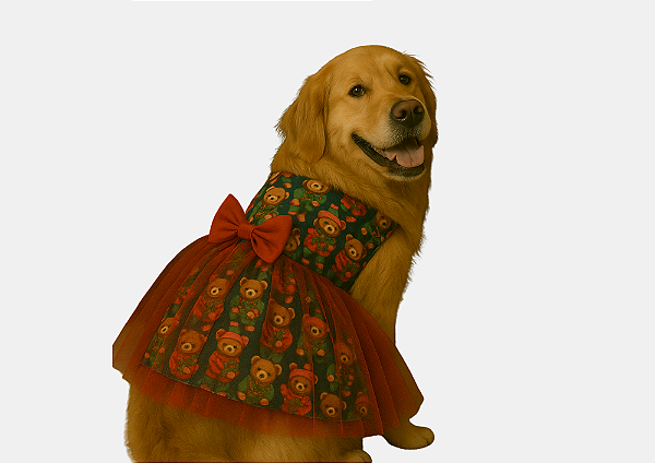 Vestido Pet para Cachorro Ursinho Natal 3D Golden Retrivier Gaby Moda Pet