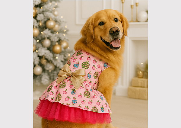 Vestido Pet para Cachorro Natal Noel Rosa Golden Retrivier Gaby Moda Pet