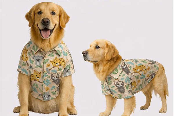 Camisa Pet Alfaiataria Floresta Bege Premium Gaby Moda Pet Golden Retrivier