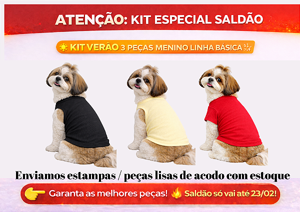 KIT 3 PEÇAS ROUPAS PET LINHA BÁSICA LISA MENINO SALDÃO