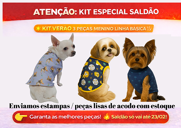 KIT 3 PEÇAS ROUPAS PET LINHA BÁSICA VERÃO MENINO SALDÃO