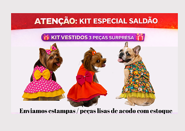 KIT 3 PEÇAS ROUPAS PET LINHA BÁSICA VERÃO VESTIDOS SURPRESA