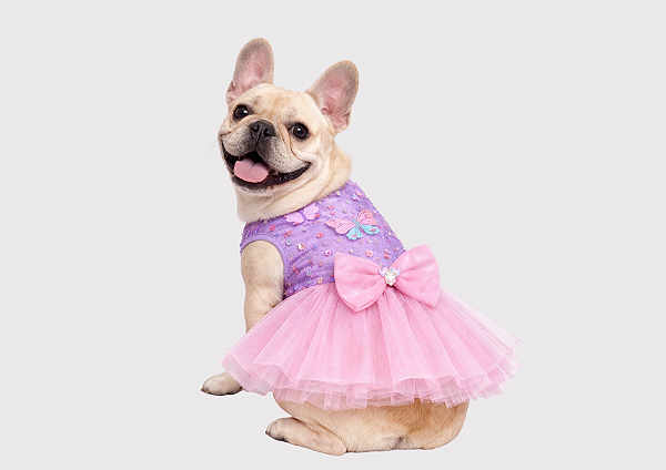 Vestido para Cachorro Bulldogue Luxo Princesa Borboleta 3D Rosa com Tule e Laço Gaby Moda Pet Roupa Pet Feminina