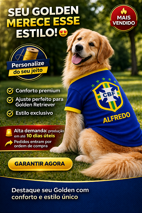 Roupa para Golden Retriever Personalizada Brasil Copa – Camiseta Pet Confortável e Estilosa + Personalização nome