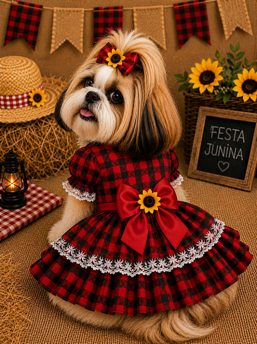 Fantasia Vestido para Cachorro Festa Junina Gaby Moda Pet Golden Retrivier + Lacinho