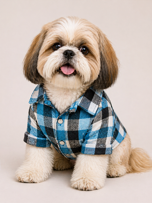 Roupa Camisa Pet Porte Pequeno Xadrez Manga Longa Azul Gaby Moda Pet